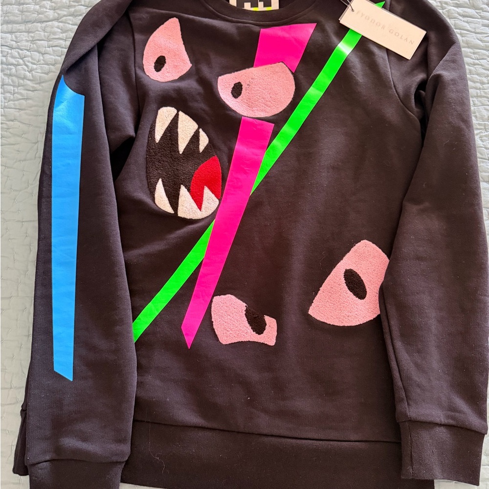 Graphic Black Sweatshirt with Neon Pink & Green Accents Designer piece